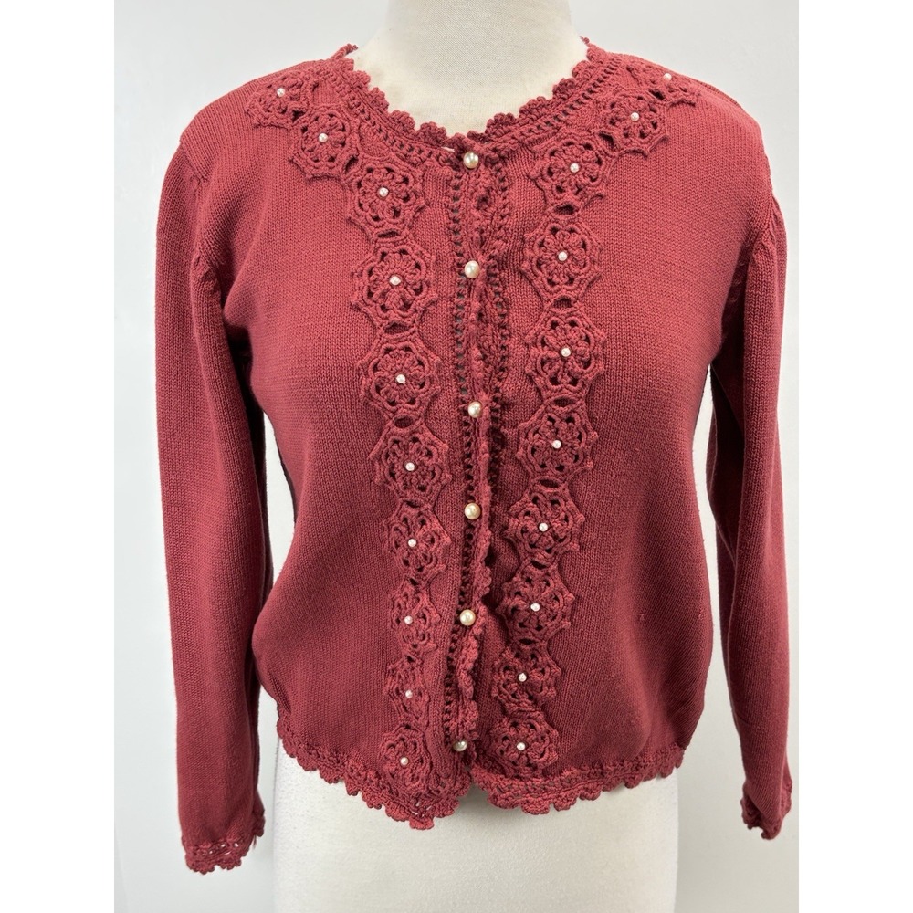 Vtg Petite Sophisticate Cardigan Sweater S Mauve Crochet Pearl Buttons Granny